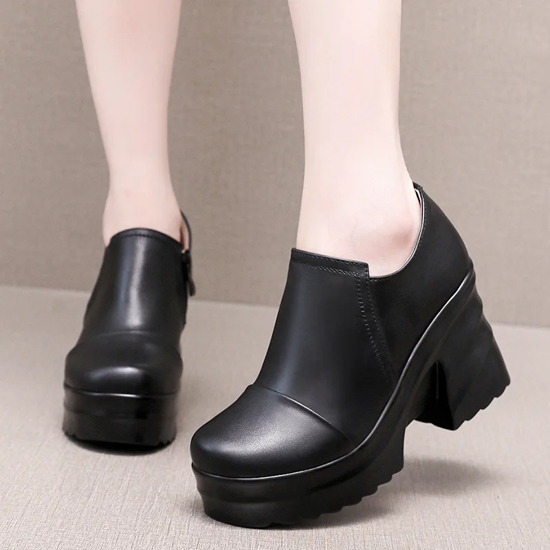 Deep Mouth Round Toe Genuine Leather Shoes High Heels 2024 New Autumn Winter Shoes Platform Increased Shoes Woman Pumps