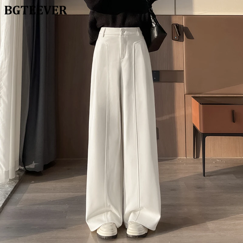BGTEEVER Elegant Thicken Velvet Ladies Wide Leg Suit Pants Autumn Winter High Waist Stylish Loose Pockets Female Woolen Trousers