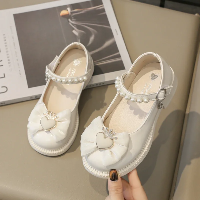 Girl Leather Shoes Mary Jane for Wedding Party Children Fashion Sweet Crown Bowknot Single Shoes Elegant Kid Princess Flat Shoes