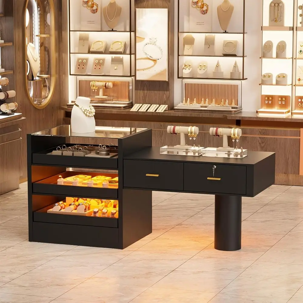 Retion Desk with Counter or Retail & Checkout,ern ront Retion Counter with LED Lights,3 Glass Display Ders,Retail Counter with S