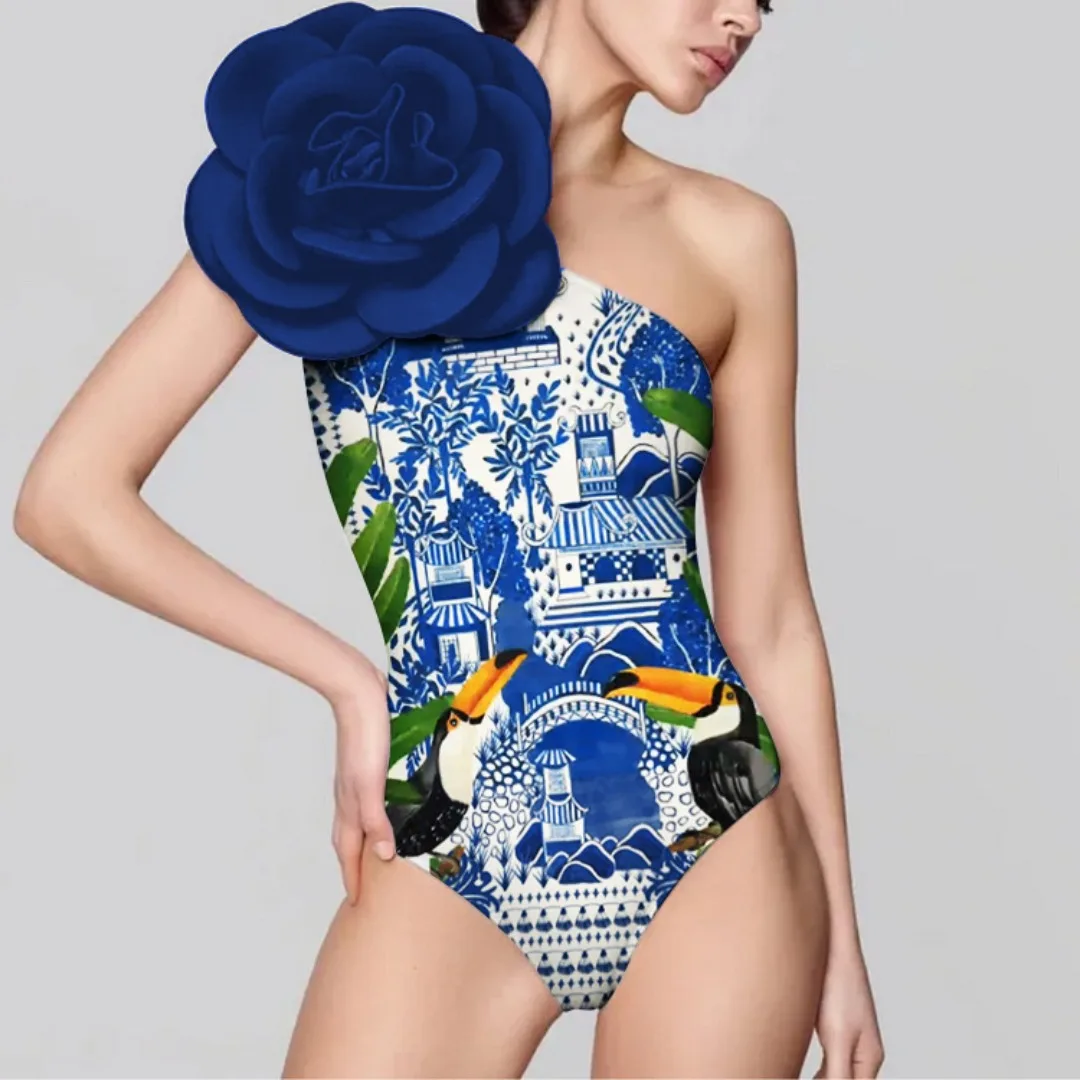 Women's Swimsuit 3D Black Three-dimensional Large Flower Decoration Solid Color Sexy One-piece Swimwear Bodysuit Bathing Suit