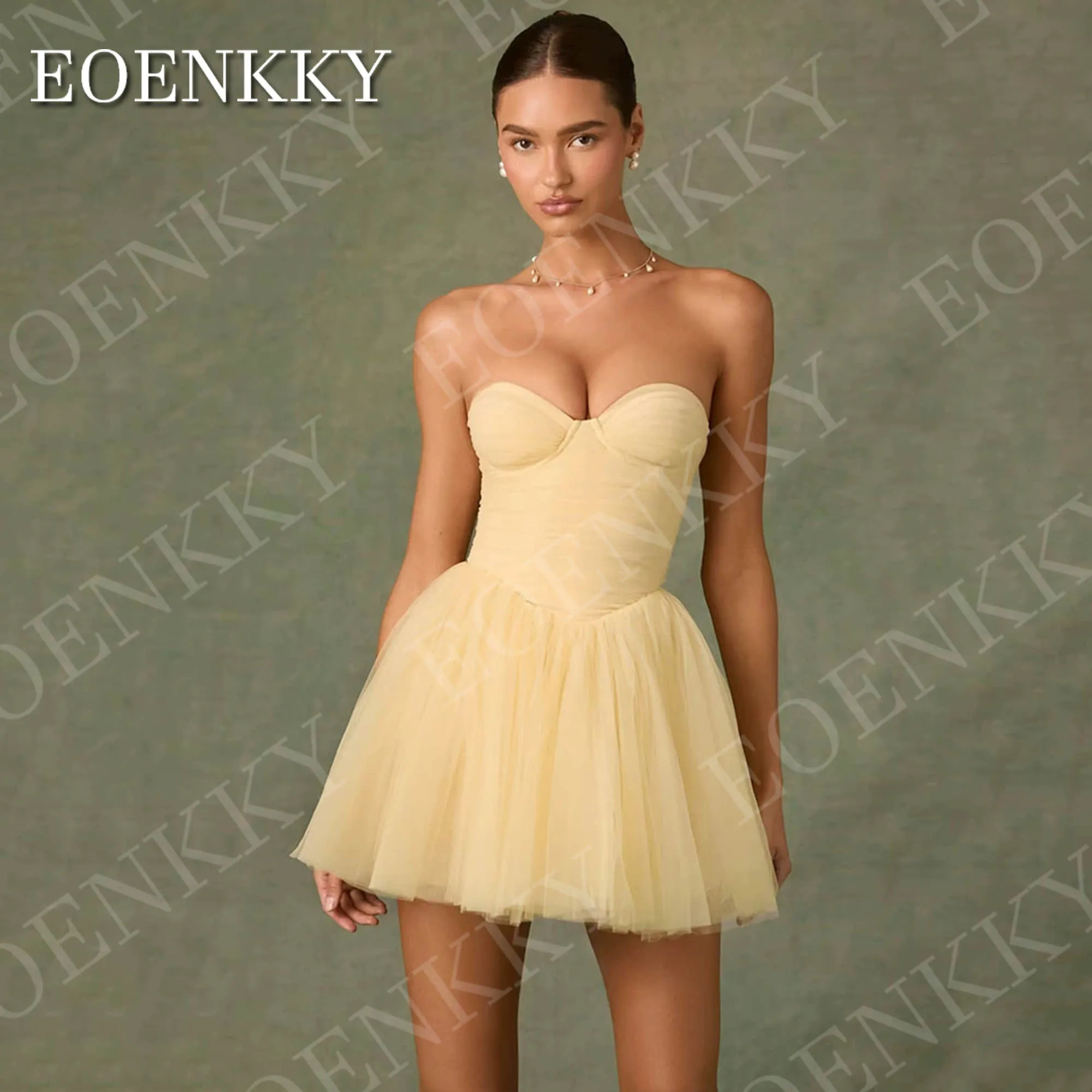 

EOENKKY A Line Short Prom Dress Sweetheart Neck Yellow Strapless Tulle Mini Party Cocktail Gown Customized платье на выпускной
