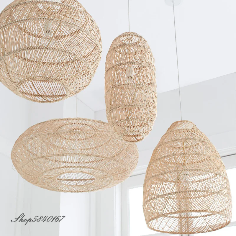 Handmade  Vintage Rattan Lamp Suspension Dining Room Pendant Lights Retro Luminaire For Living Room Restaurant Cafe Hanging Ligh
