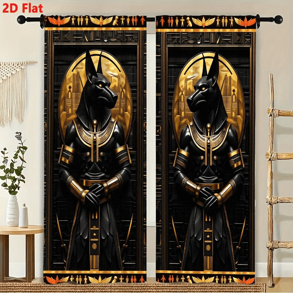 

2Pcs Curtains Anubis God Two Figures Black Gold Egyptian Art Window Drapes for Bedroom Room Decor Decoration Window Treatment. ﻿