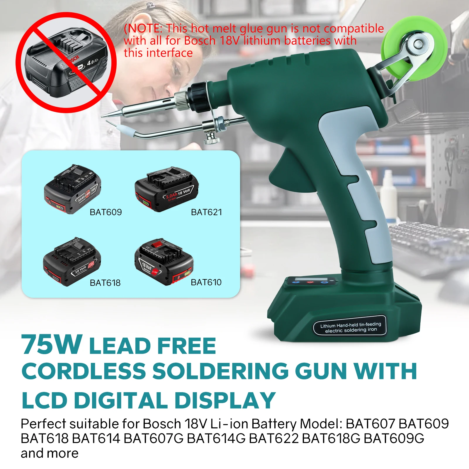 75W Electric Solder Gun Cordless Soldering Iron Kit With Digital Display Fast Welding Tools For Bosch 18-20V Li-ion Battery