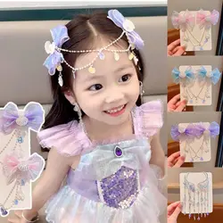 Children Cute Baby Mermaid Princess Pearl Fringe Bow Forehead Chain Hairpin Fairy Hair Accessories Cartoon Girls Hair Clip