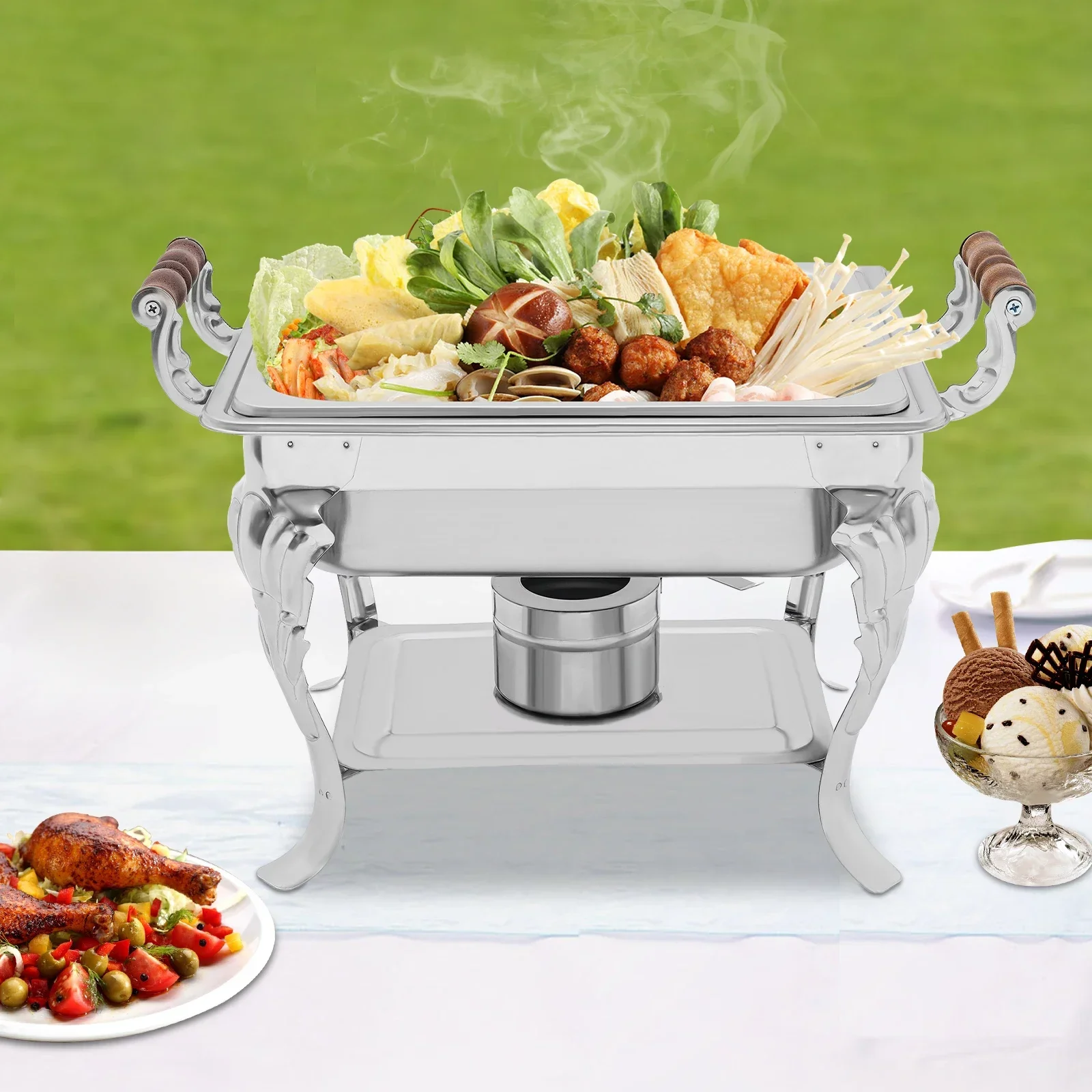 

Stainless Steel Catering Warmer with Solid Wood Trim 4L Capacity Countertop Food Warmer for Professional Kitchens (45×42cm)​