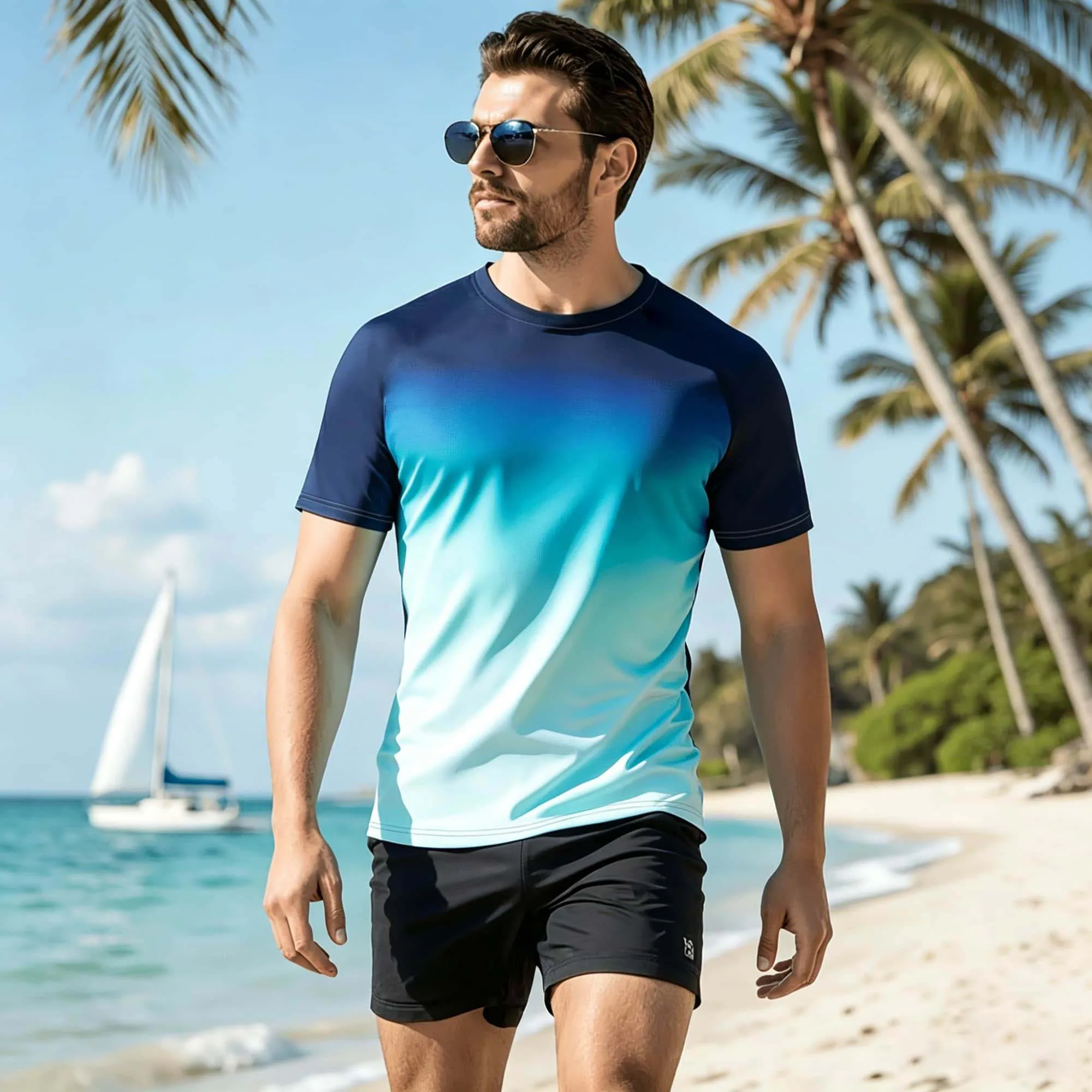 T-shirt d'été pour homme à manches courtes, extensible, respirant et léger, idéal pour les vacances à la plage, avec imprimé dégradé sur toute la surface