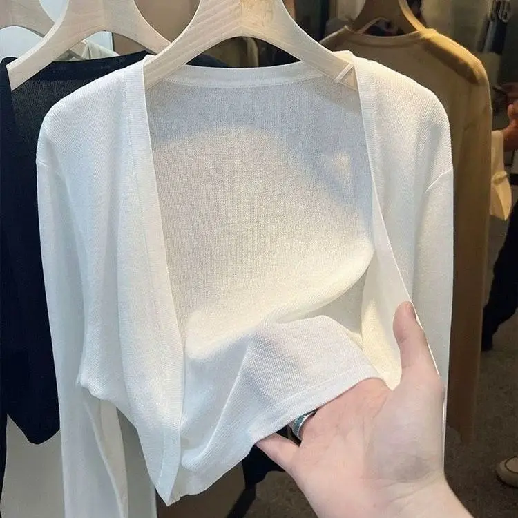 White Short Ice Silk Knitted Sun Protection Cardigan Thin Summer Strap Dress Outer Thin Veil Coat Air Conditioner Cover up