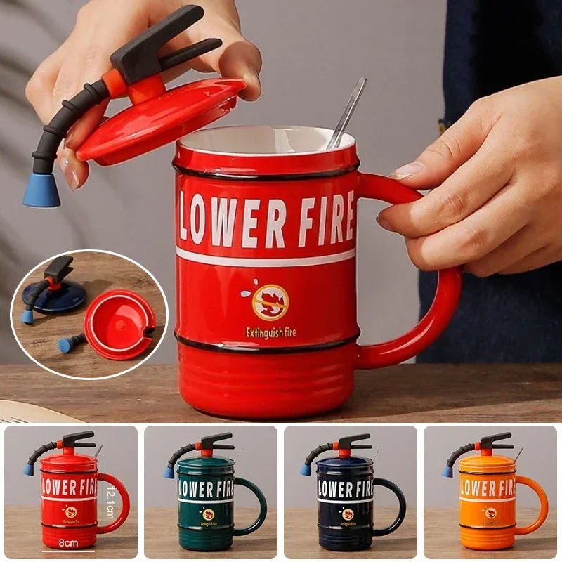 

480ml Ceramic Mugs Fire Extinguisher Shape Personality Water Bottle Home Office Coffee Mug with Lid Spoon Fireman Perfect Gifts