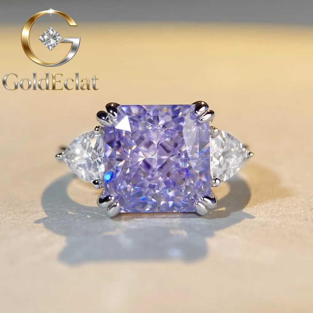 

GoldEclat Luxury Solid Platinum PT950 Women's Diamond Ring Ice Flower Cut Square 5 karat Moissanite Diamond Ring Wedding Ring