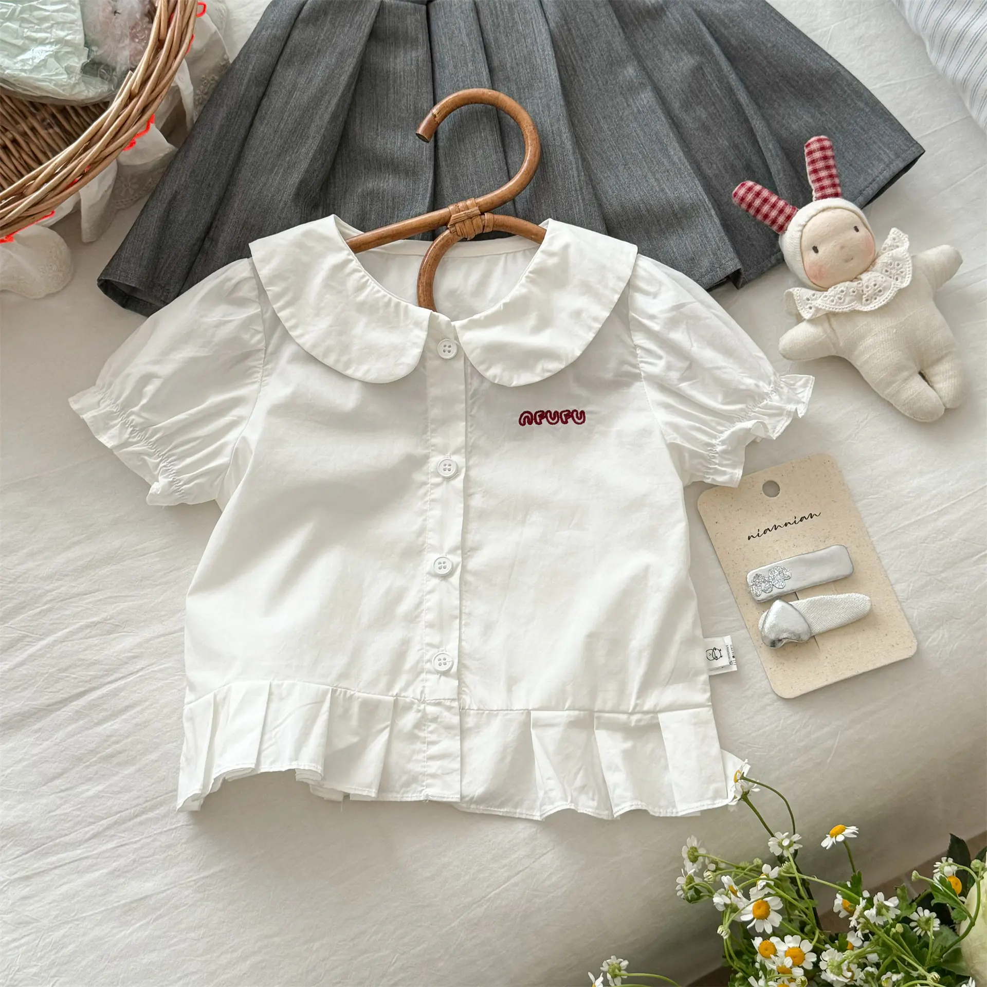 Women's Treasure Set 2026 Summer Children's Elegant Doll Collar Cotton Shirt Checkered Cake Skirt Two Piece Set