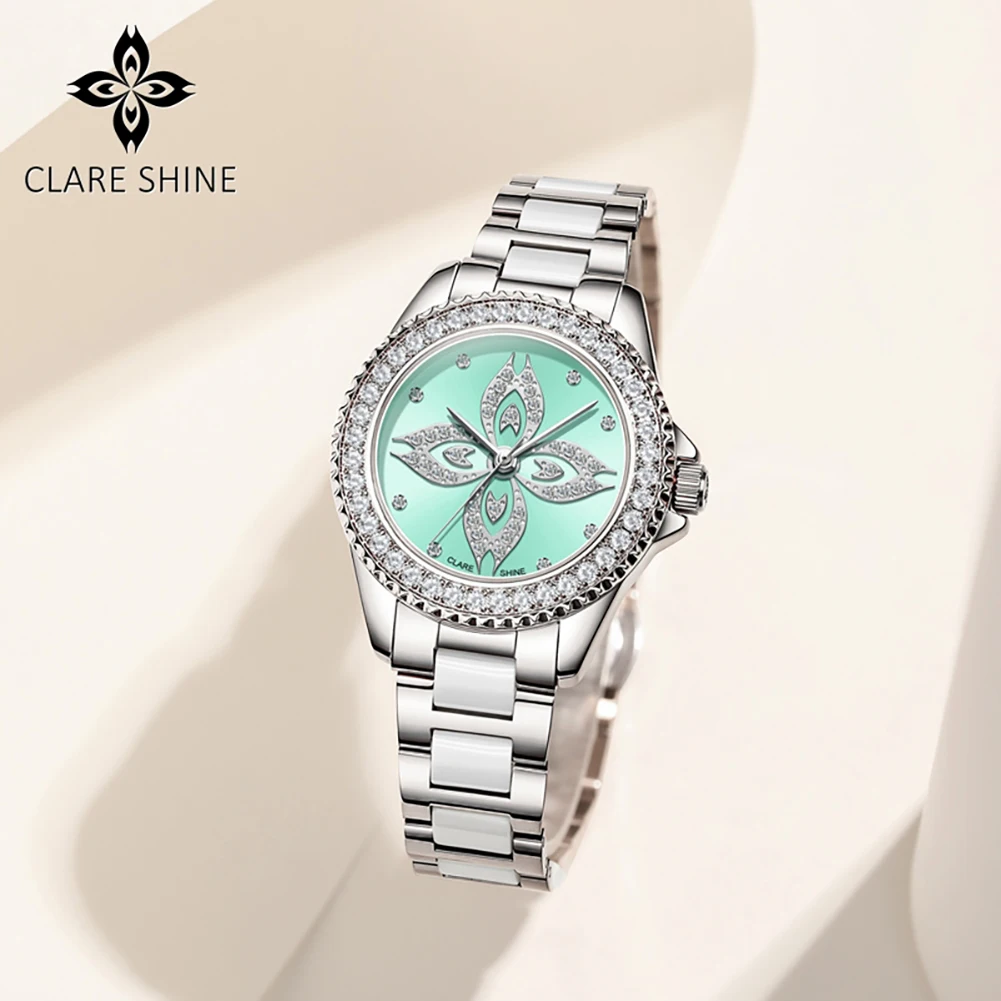 CLARE SHINE Women's Watches Necklace Gift Box Elegant Luxury Ceramic Steel Strap Diamond Bezel Original Quartz Watches for Women