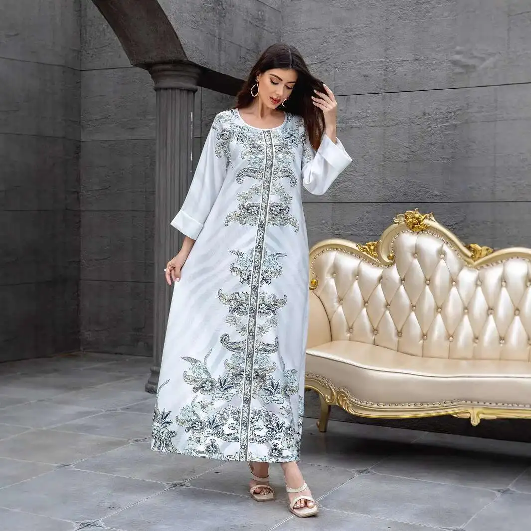 

Sw1111 Kaftan High-density Rhinestone Beaded Printed Muslim Women's Robe Elegant Dress Abaya Ramadan Dubai Luxury Islam Elegant