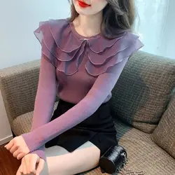 Autumn Winter New Ruffles Peter Pan Collar Knitting Sweater Long Sleeve Fashion Slim Bottoming Shirt Women Clothing Elegant Tops