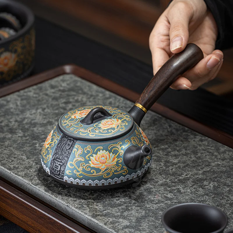 Purple Sand Ruyi Side Teapot Chinese Household Filter Pot Ceramic Kung Fu Tea Set Retro Relief Bubble Teapot