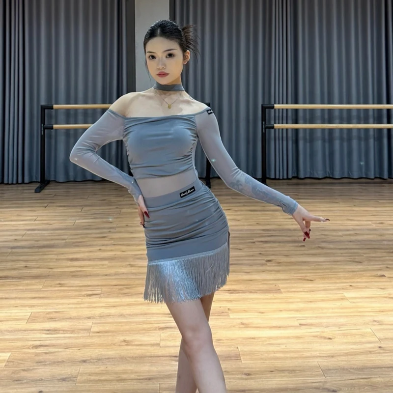 Adults Salsa Ballroom Dance Clothes Women'S Mesh Sleeves Latin Top Fringed Skirt Sexy Chacha Latin Dance Costumes SL14749