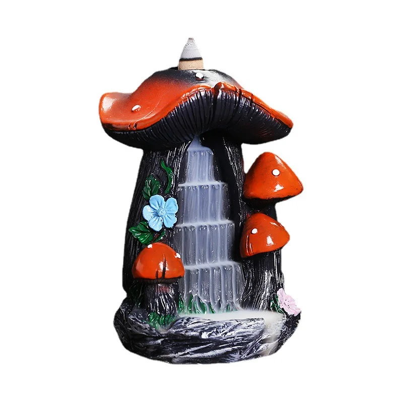 Mushroom House Type Waterfall Backflow Incense Burner, Handmade Resin Holder For Home Relaxation