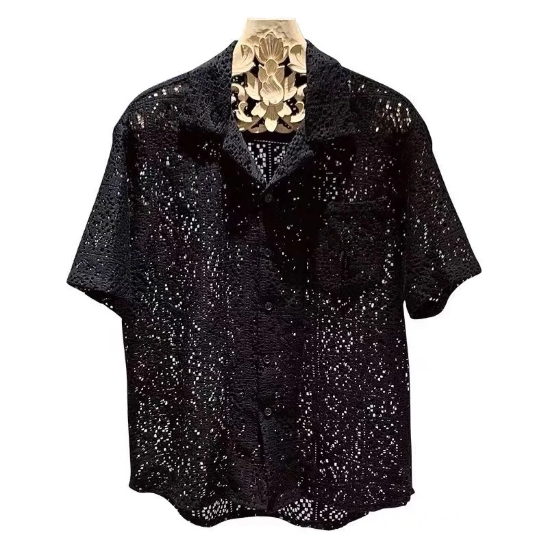 Men's Shirt New Short Sleeved Summer Thin Casual Retro Breathable Hollow Lace Top Out Elegant Hombre Fashionable