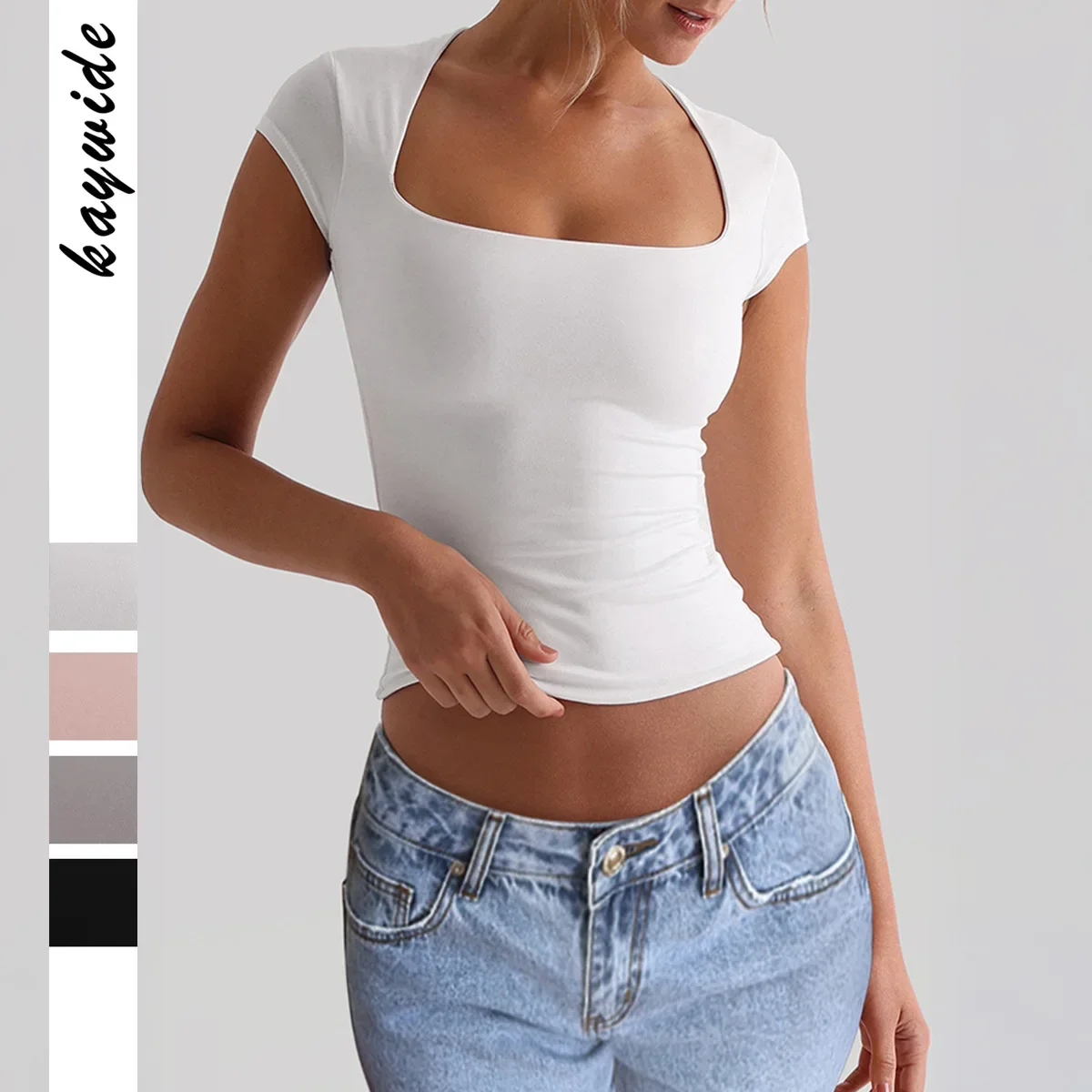 

Летние женские сексуальные облегающие футболки с короткими рукавами и квадратным вырезом, топы для женщин, женские топы и блузки, 2025 год, нарядные топы для женщин