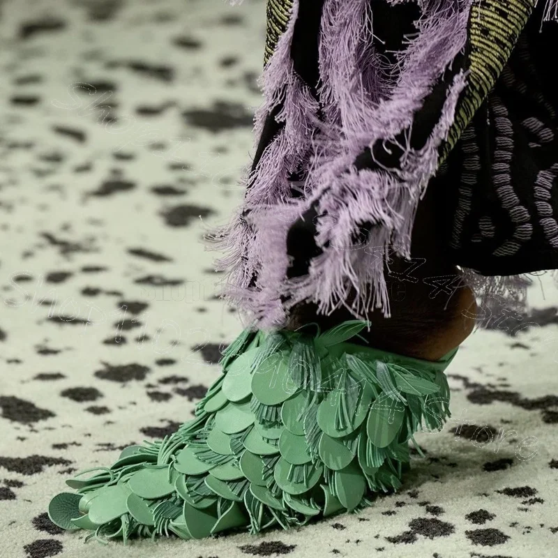Green Sequins Tassels Design Pointed Toe Slippers Slip On Women Shoes Thin High Heels New Party Runway 2025 Zapatos Para Mujere