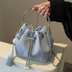 Girls Fashion Shoulder Bag Multifunctional Ladies Chain Crossbody Bucket Bag Comfortable Handbag Tassel Decoration PU Material