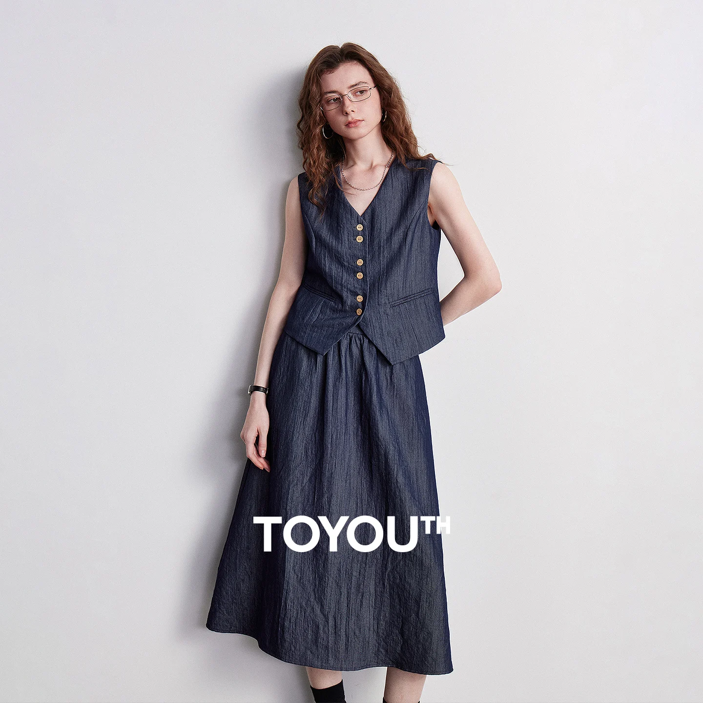 

TOYOUTH Women Slub Texture Denim-Look Vest and Skirt 2026 Summer New Old Money Style Denim Blue Two-Piece Set
