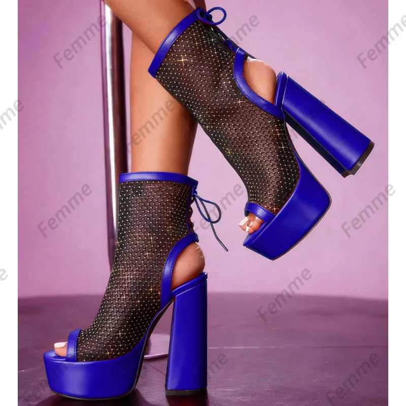 Femme Handmade Glamorous Red High Heel Booties for Women - Patent Leather Open Toe Design with Fishnet Panels  Size 5-20