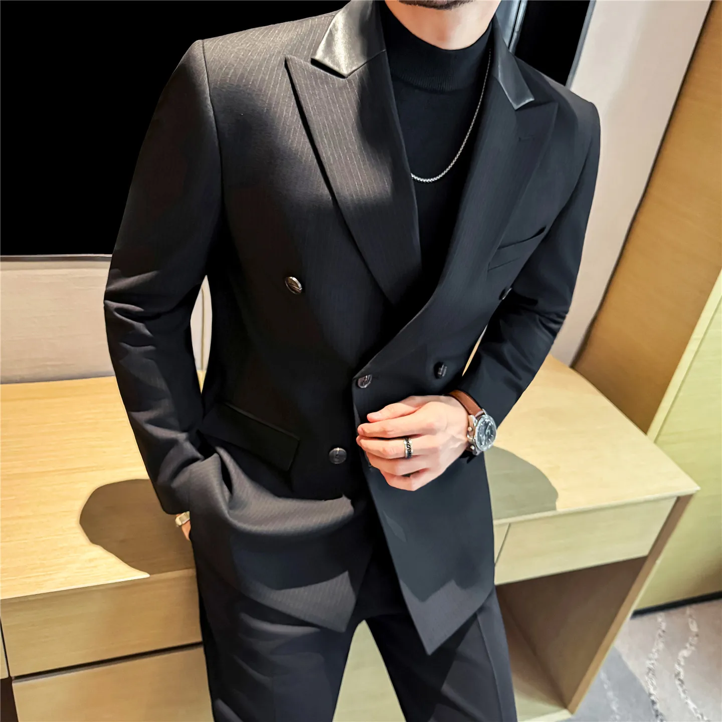 Brand Double Breasted Striped Suit Jacket Men High-quality Spliced Leather Business Suit Jackets Wedding Groom Blazer Masculino