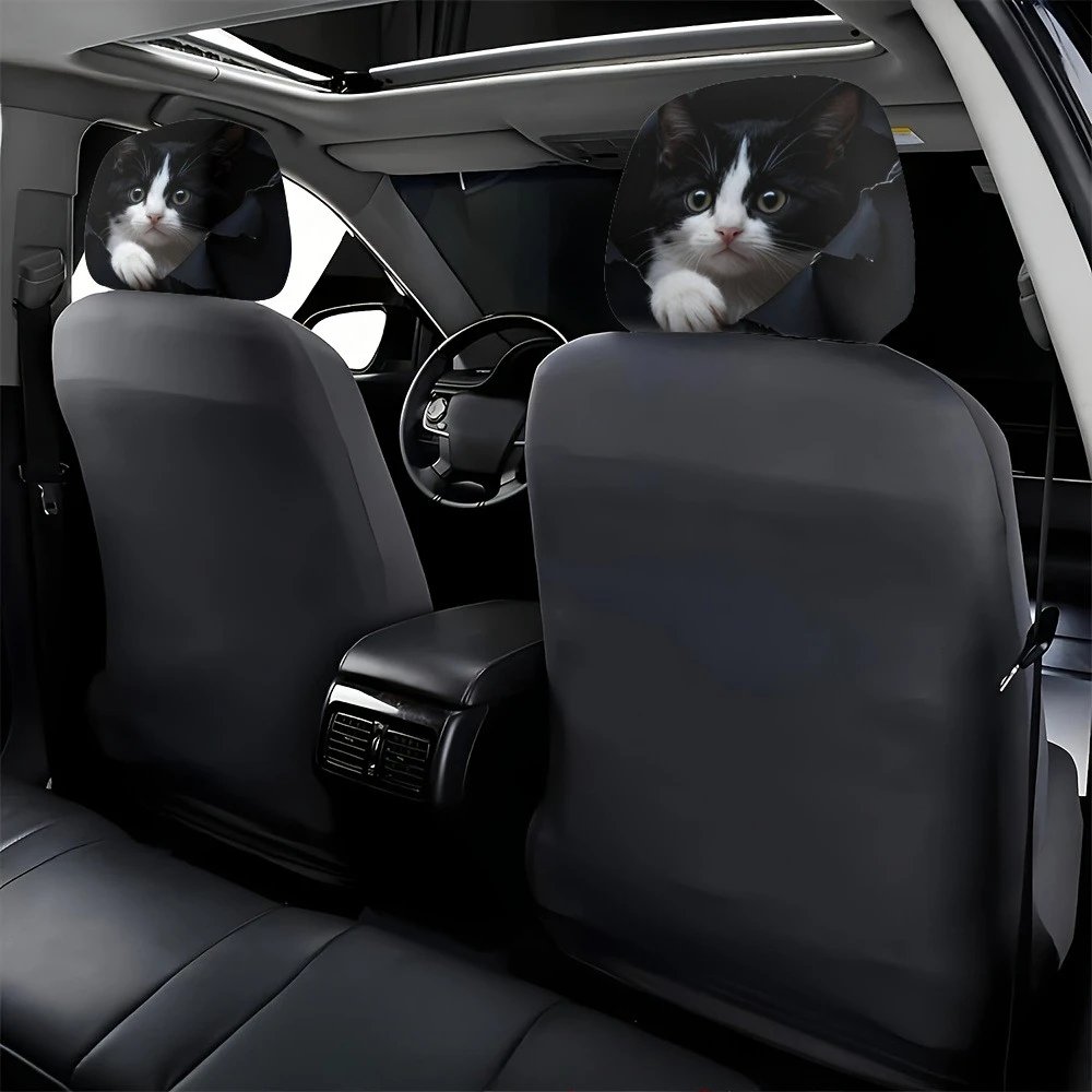 Cow Cat Breaking Wall Car Headrest Covers, Lightweight & Durable, Essential Travel Seat Headrest Covers