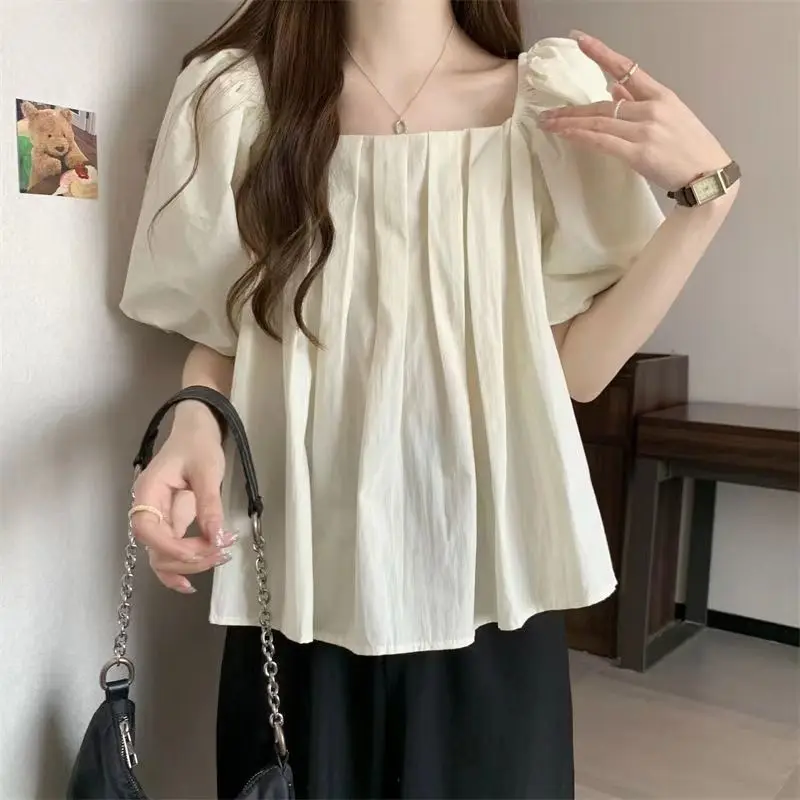 Puff Sleeve Blouses Women French Style Loose Sweet Solid Temperament Lace-up Fashion Summer New All-match Girlish Ulzzang Tender