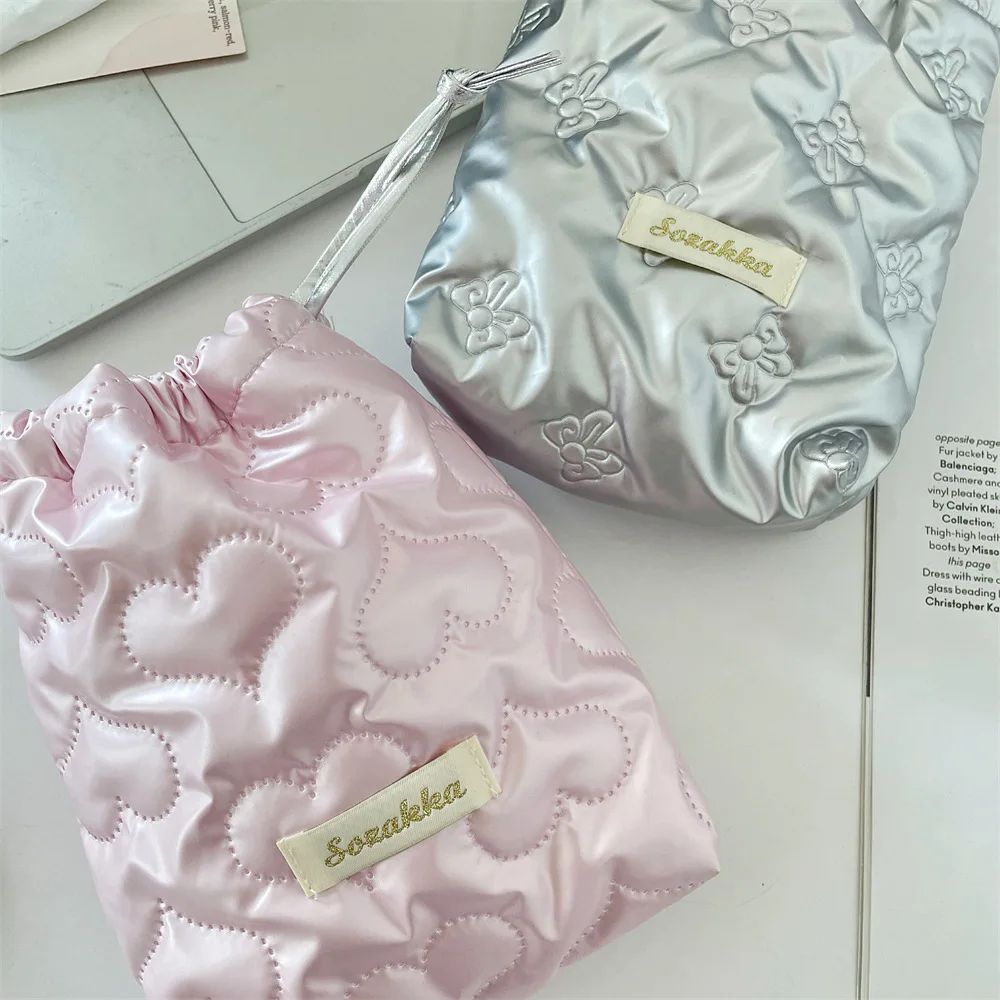 Heart Bow Drawstring Pouch, Multi-purpose Makeup Storage Bag, Soft Camera Protective Case, Portable Travel Organizer