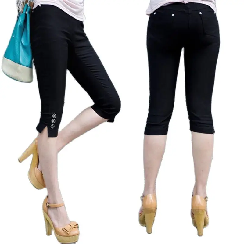 Womens Summer Casual Ladies Slim Stretch Female Leggings Pants Crops Skinny Knee Elastic Calf Length Pencil Capris