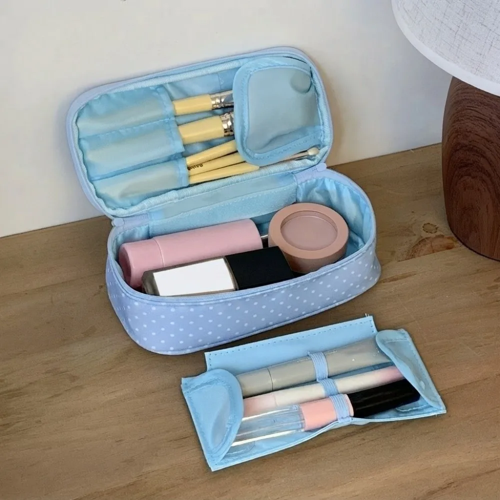Cute Polyester Polka Dot Makeup Bag Checkered Light Blue Cosmetic Pouch Zipper Multi Size Travel Toiletry Storage Bag Handheld