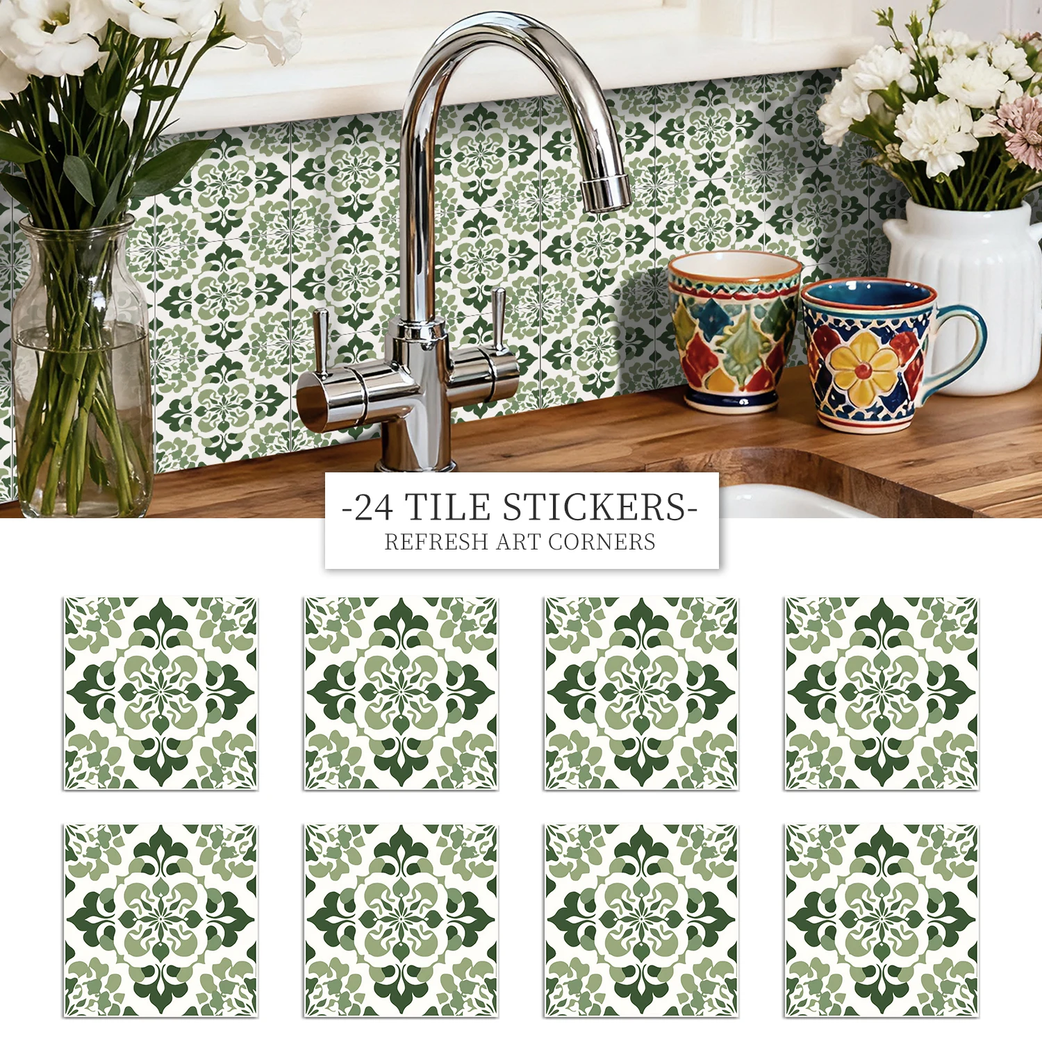 

36Pcs Vintage Floral Tile Stickers, Self-Adhesive Peel and Stick Wall Decals, Waterproof for Kitchen Bathroom Home Decor