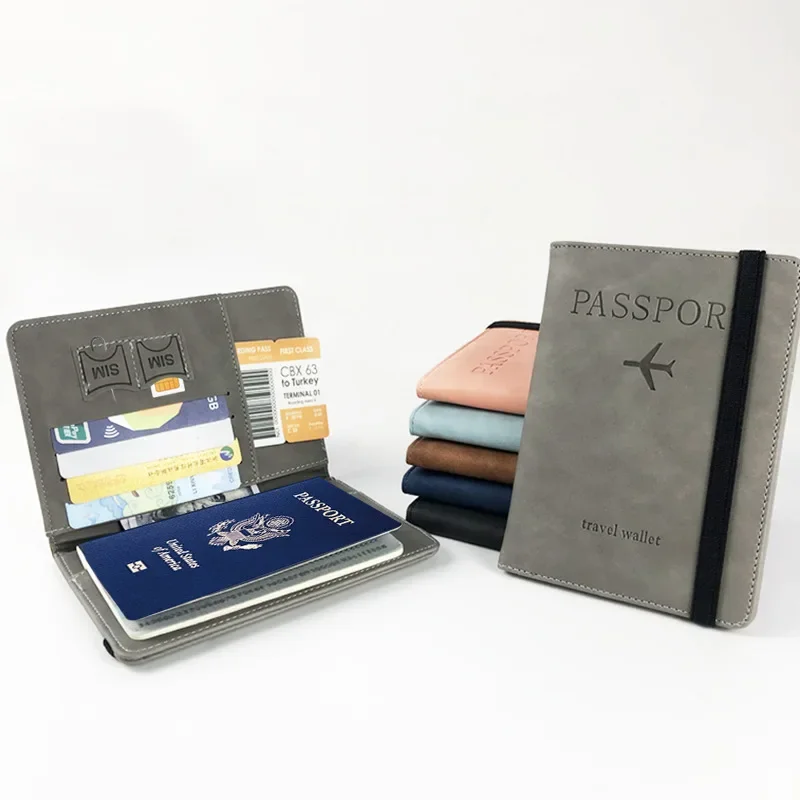 Capa para passaporte com bloqueio RFID, capa com slot para cartão de crédito, carteira de viagem de couro PU, porta-passaporte, protetor de manga