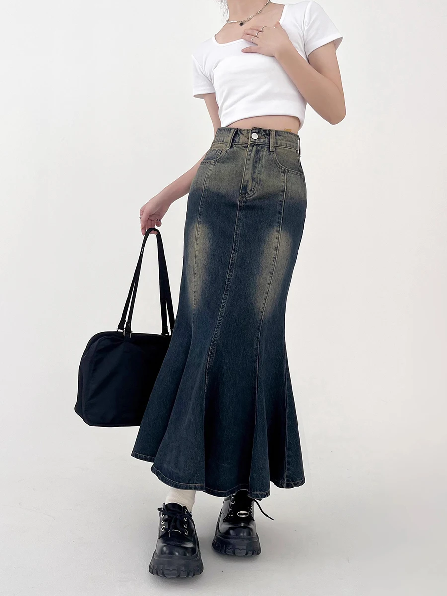 REDDACHiC Women Mermaid Long Jeans Skirt Ombre Gradient Wash Patchwork High Rise Slim Denim Bodycon Skirt Casual Vintage Clothes