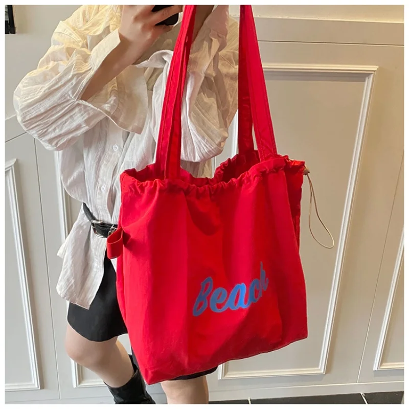 

Solid Colour Women's Beach Shoulder Bag Letter Design Ladies Tote Canvas Bags Large Capacity Drawstring Female Shopping Handbag