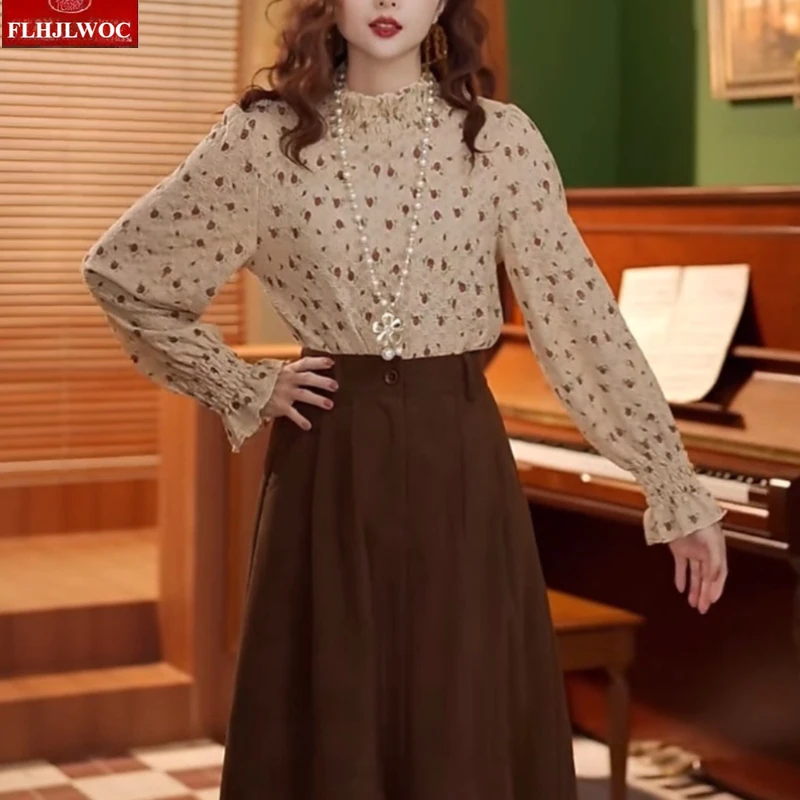 Водолазки, блузки, новогодние свидания для девочек, зима-весна, базовые рубашки, милый японский стиль, цветочный принт, винтажный топ в стиле ретро, Blusas