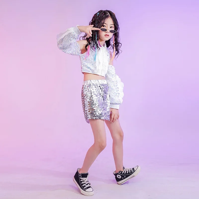 Pakaian panggung anak-anak, mode kostum panggung perak putih, pakaian penampilan Jazz perempuan Hip Hop, pakaian penampilan anak perempuan, Model pakaian panggung