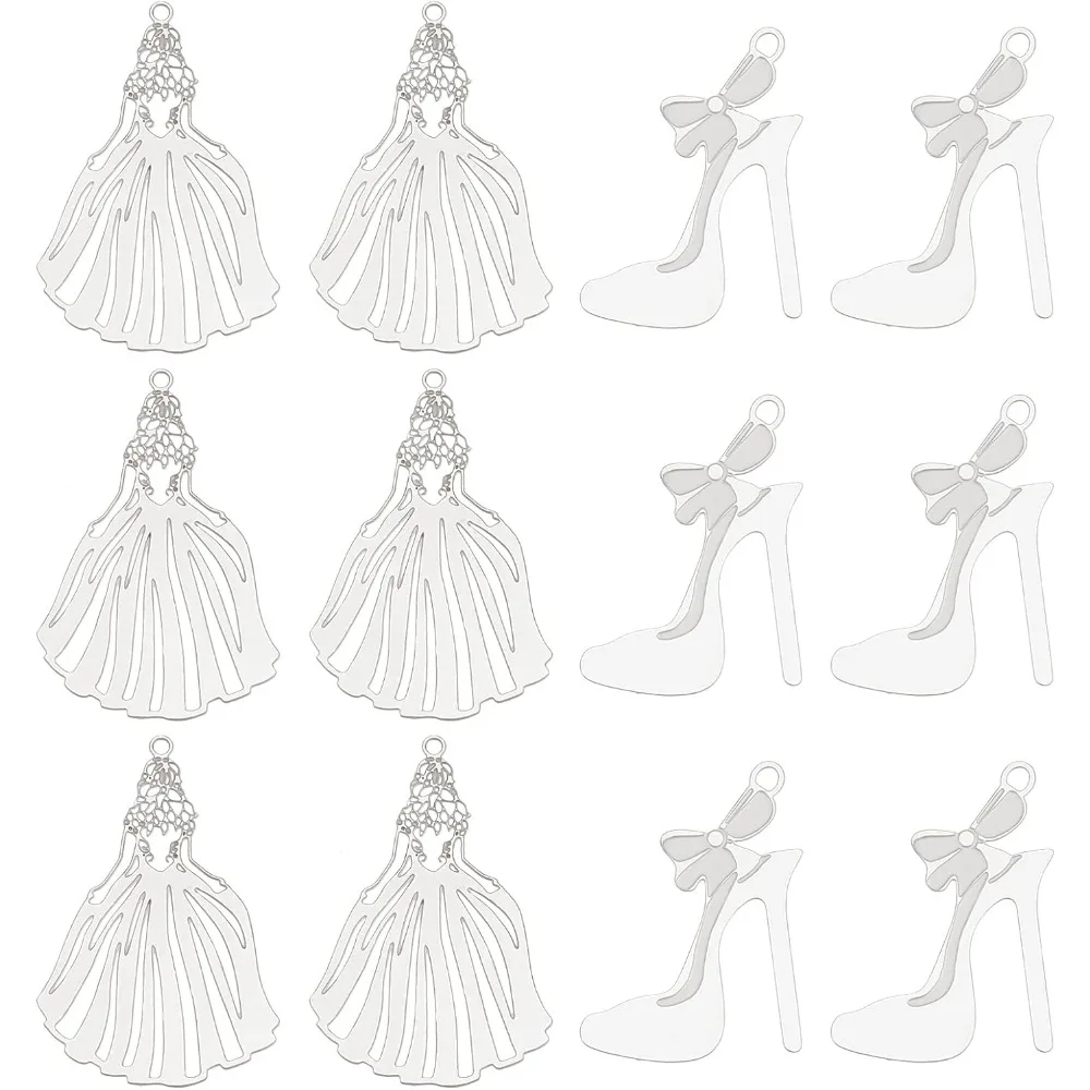 

100Pcs 2 Styles Stiletto Charm Stainless Steel Filigree Pendant Charms Stiletto and Dress Pendant for DIY Bracelet Necklace