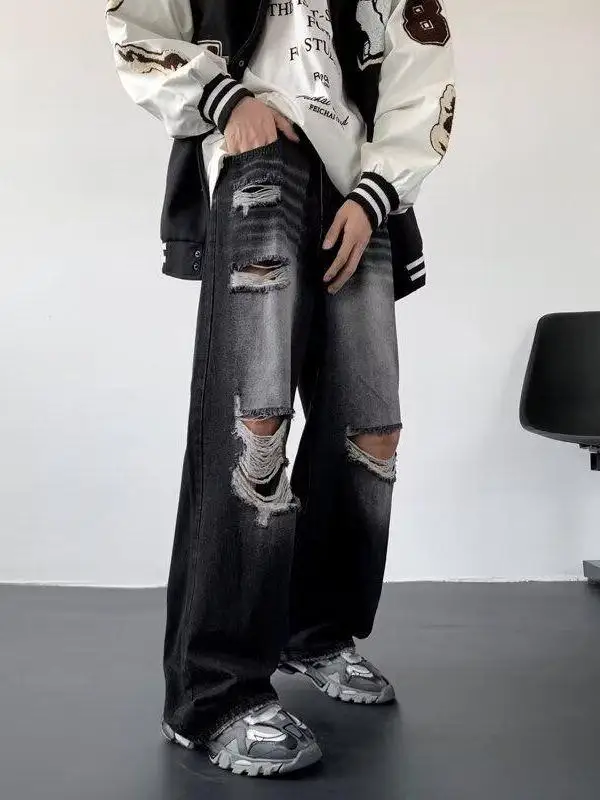 

Мужские джинсы большого размера 300 Pou в стиле ретро, весна-осень, американский тренд, свободные прямые брюки, с эффектом потертости