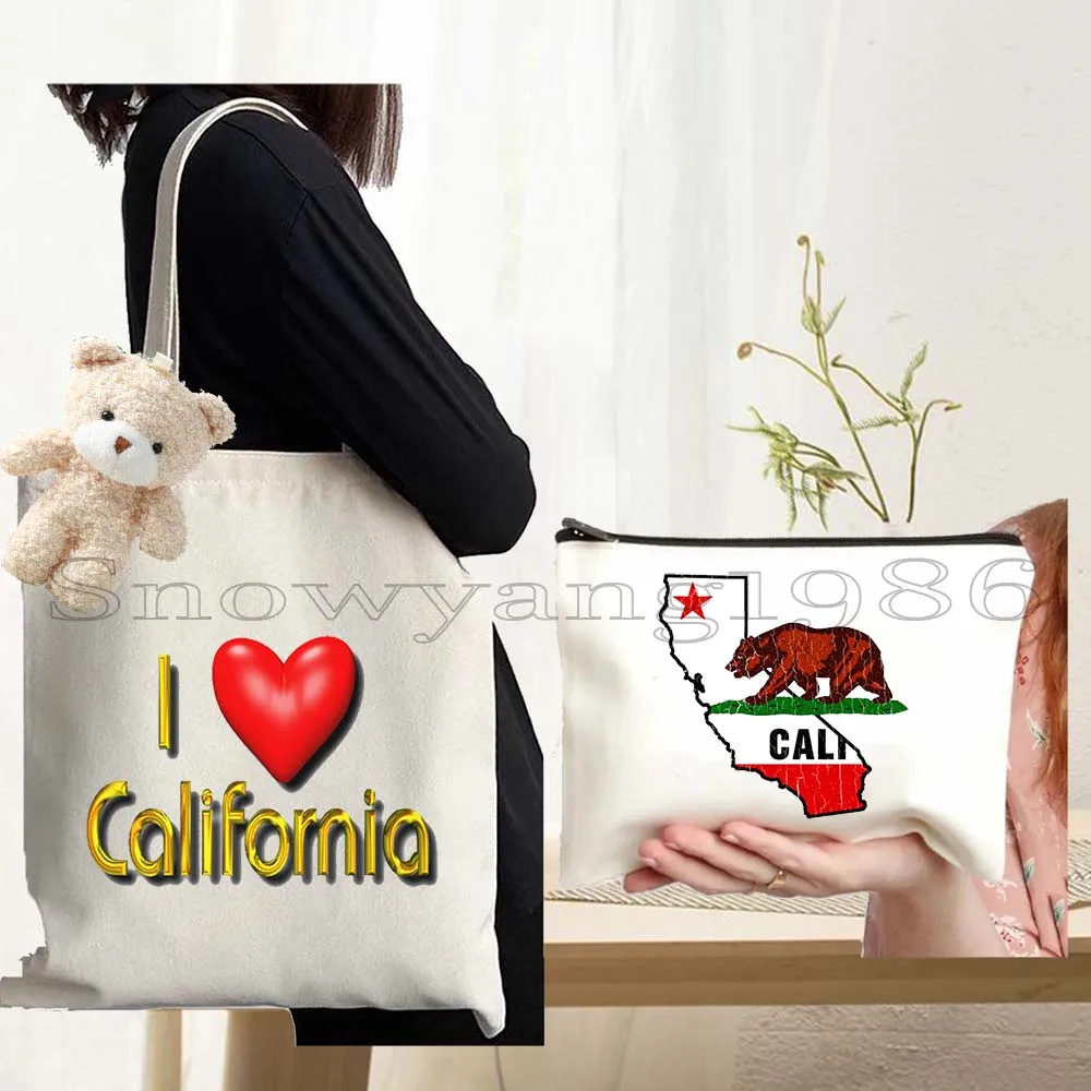 3pcs California State Map Bear Flag Golden Gate Bridge Palm Springs San Francisco Canvas Shoulder Tote Bag Shopper Handbag
