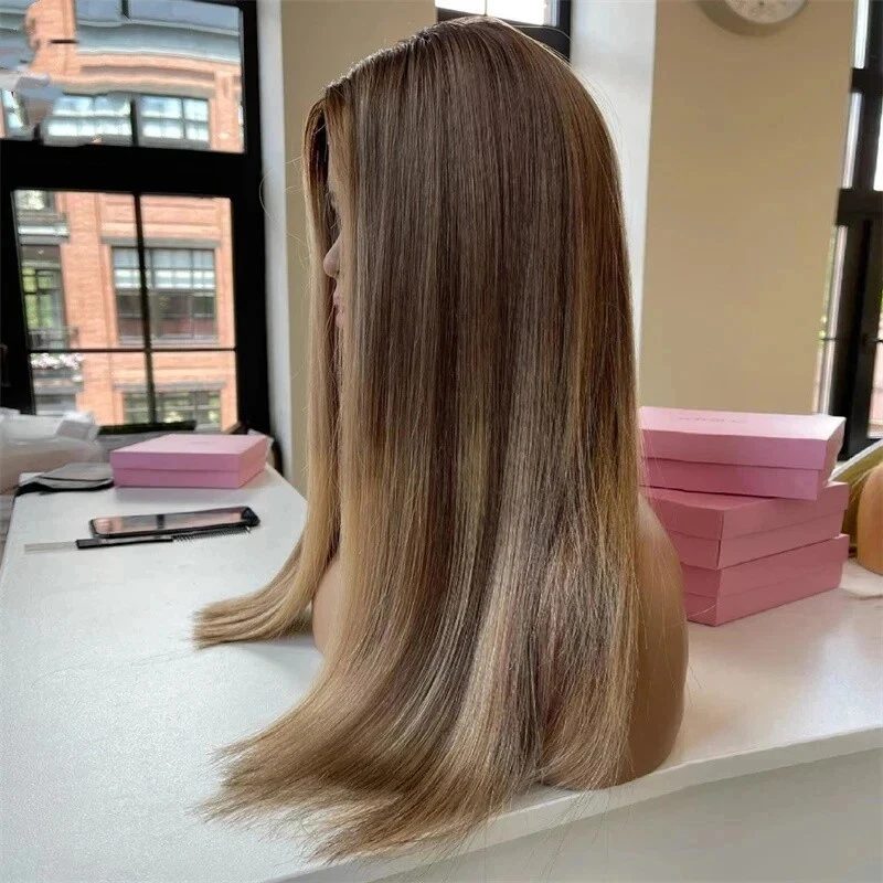 New In Ombre Blonde Brown Synthetic HD Lace Front Wig for White Balck Women Soft Long Straight Wig High Quality Wig 150% Density