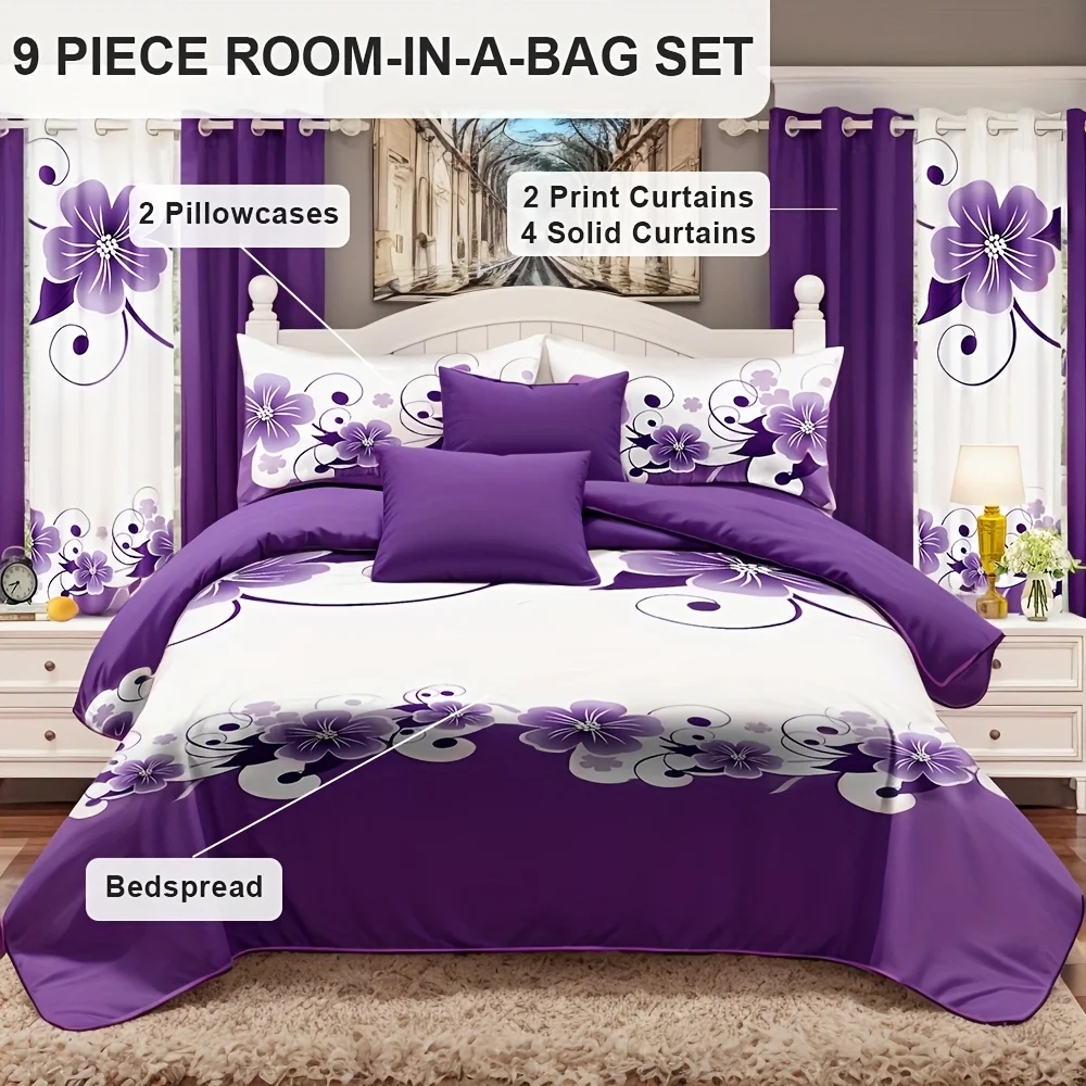 

9pcs In A Bag Thick Touch Bed Cover Curtain Set, Upgraded Luxury Bedspread Set, Bamboo Microfiber All Season Bedding-Set for
