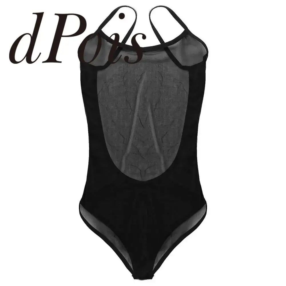 Womens Swimsuits Sexy See Through Sheer Mesh One-piece Lingerie Deep U Neck Swimwear Spaghetti Shoulder Straps Leotard Bodysuit