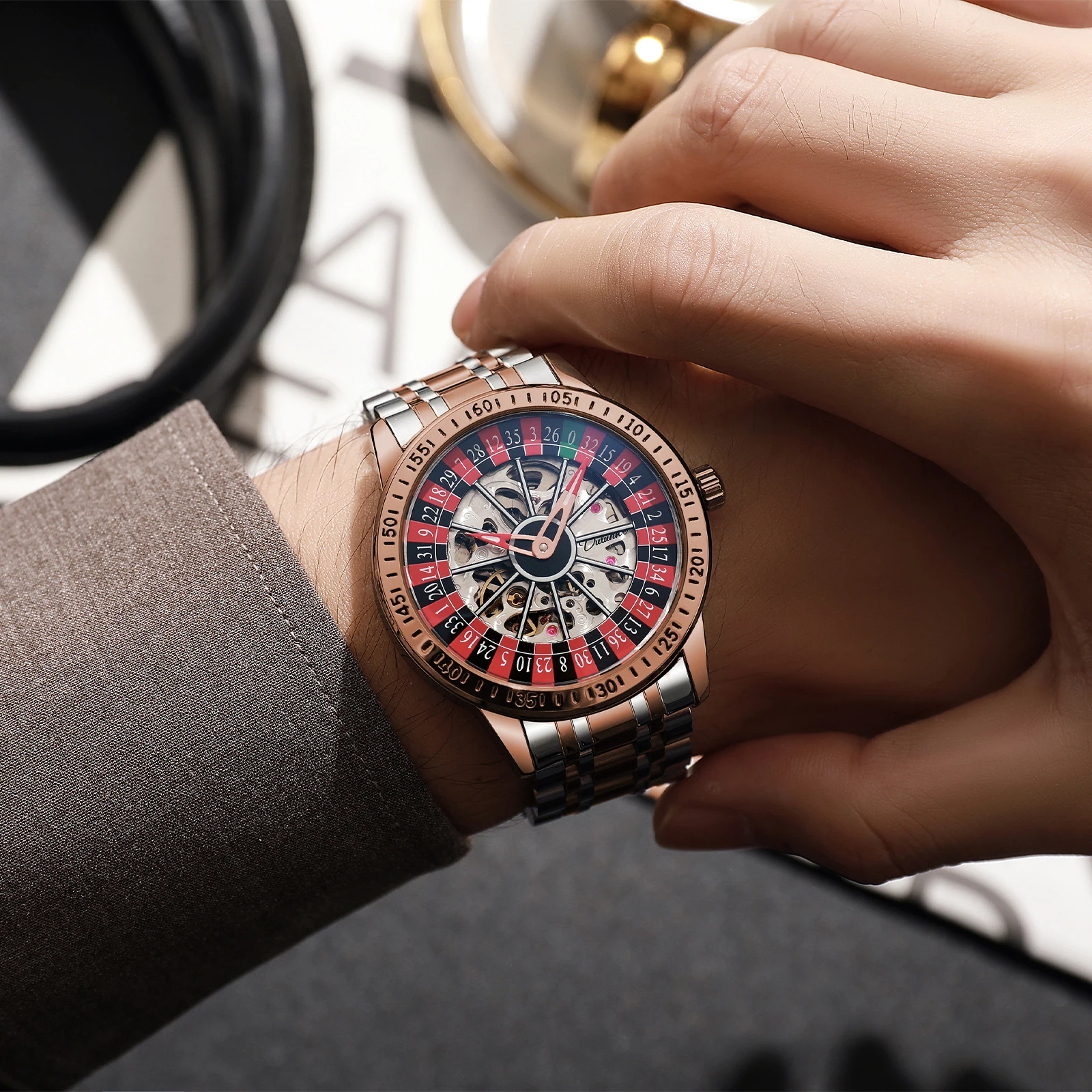 DULUNWE Watch for Men Top Brands Spinning Roulette Automatic Watch Mechanical 30M Waterproof