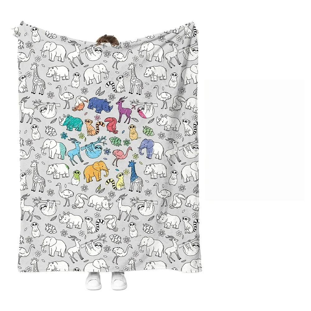 DIY Graffiti Blanket Monochrome Safari Wild Animal Sketch Print Cozy Warm Children Coloring Throw Blanket