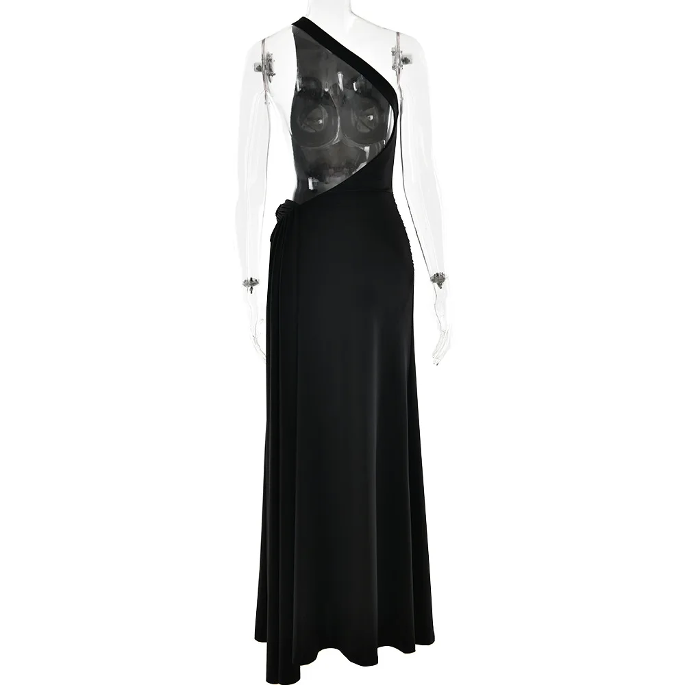 فستان نسائي مثير بكتف واحد بدون ظهر فستان ماكسي للحفلات بشريط معدني بدون أكمام نحيف للنوادي الليلية رداء طويل