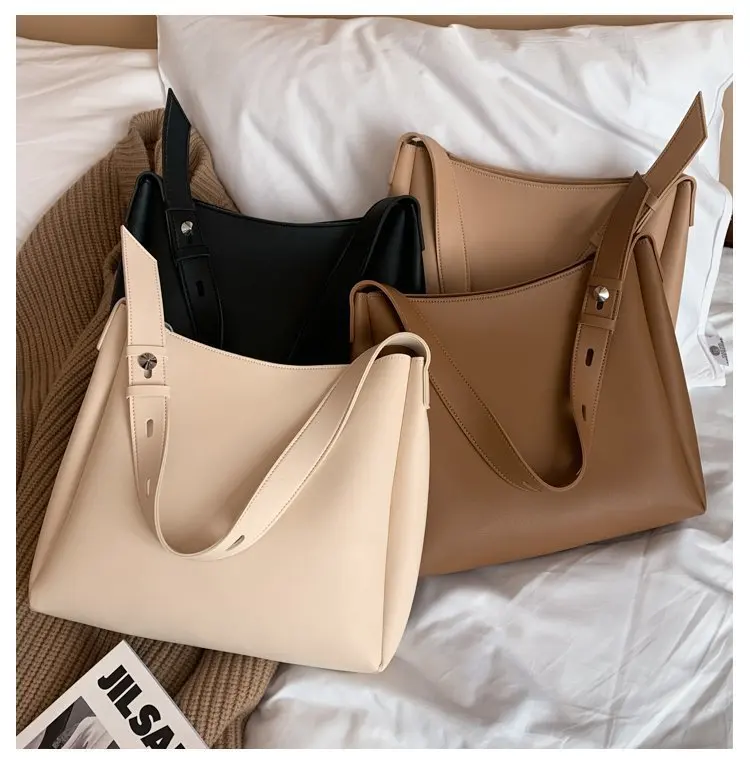 Quality Women Tote Bags 2 Pcs/Set Large Capacity Shopper Shoulder Bag Pure Color Wide Strap Soft PU Leather Female Handbags 2022